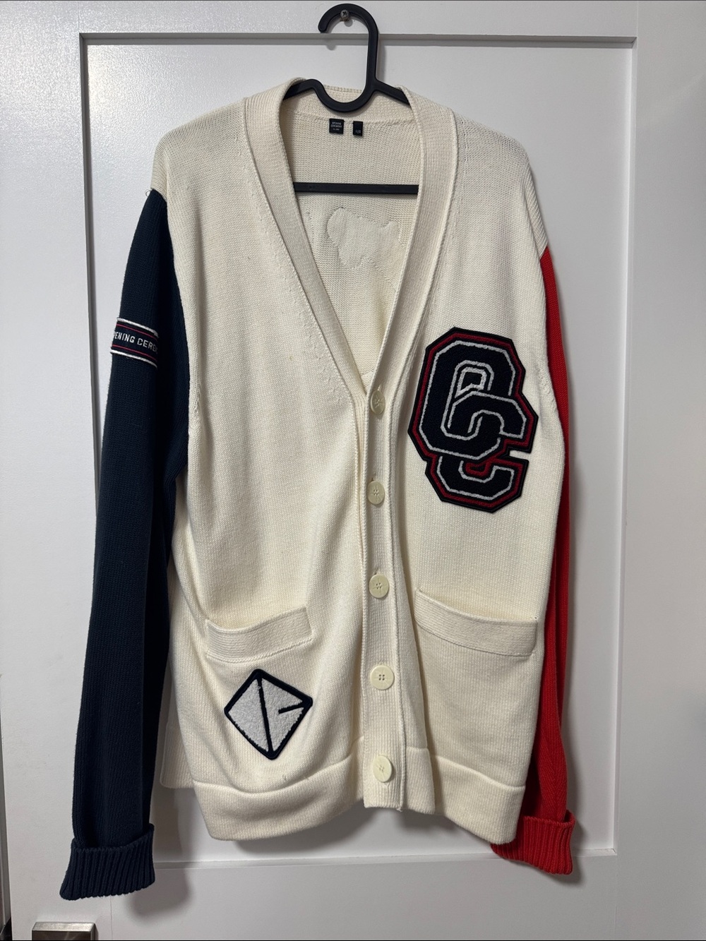 Women’s Colorblock Patch Cardigan Sweater - Ivory, Navy & Red